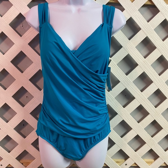 Jantzen Surplice Maillot One Piece Swimsuit UPF50+ Ideal Teal Regular 10 - Picture 2 of 5